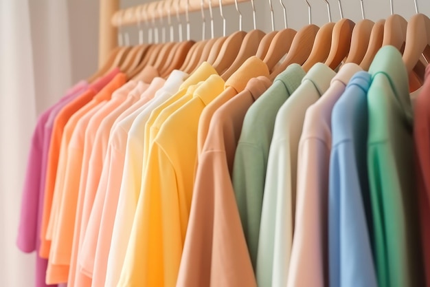 Photo colourful clothes on clothing rack pastel colorful closeup ai