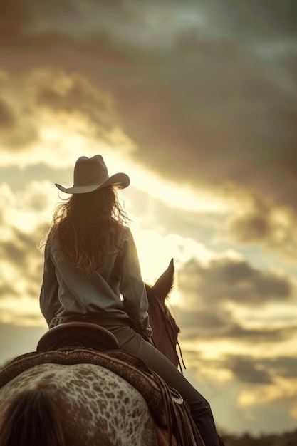 Foto cowgirl met een hoed op een paard generatieve ai