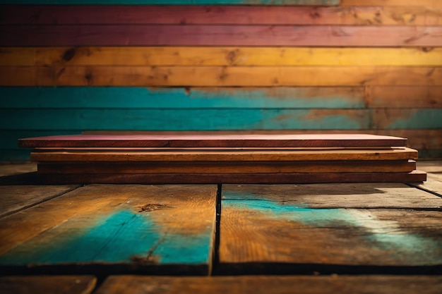 Закрытие верхней части деревянного стола или текстуры деревянного пола на фоне деревянной стены концепции красочной деревянной доски для рекламы