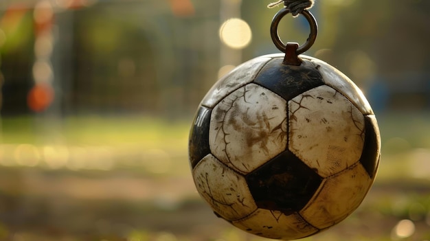 Foto close-up van een fluitje dat over een voetbal hangt klaar voor de volgende sportwedstrijd op school