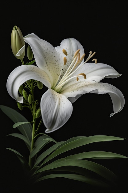 Close up of white lily flower on black background generative ai
