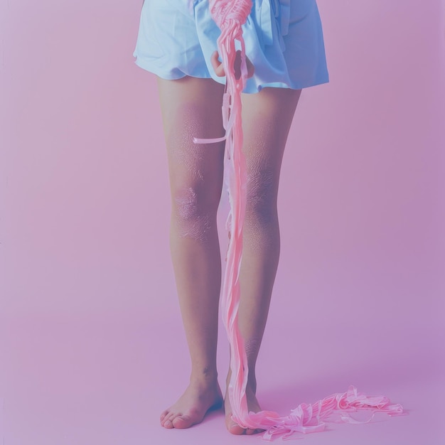 Photo close up of woman legs with pink ribbon on a pink background