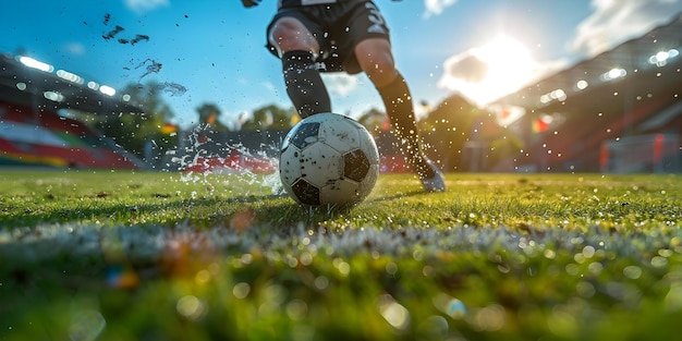 Фото Близкий взгляд на ноги футболиста, бегущего быстро и пинающего мяч во время тренировки на стадионе. концепция широкого баннера чемпионата по футболу