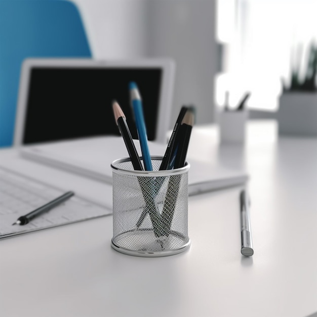 Фото Близкий взгляд на ручки и ноутбук на белом столе в пустом