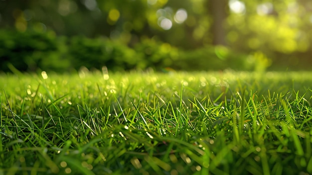 Фото Близко к летнему парку зеленое травяное поле с солнечным светом на заднем плане