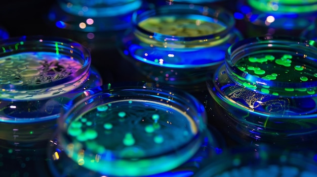 Фото Близкий взгляд на чашку петри с различными типами стволовых клеток, маркированных флуоресцентными маркерами