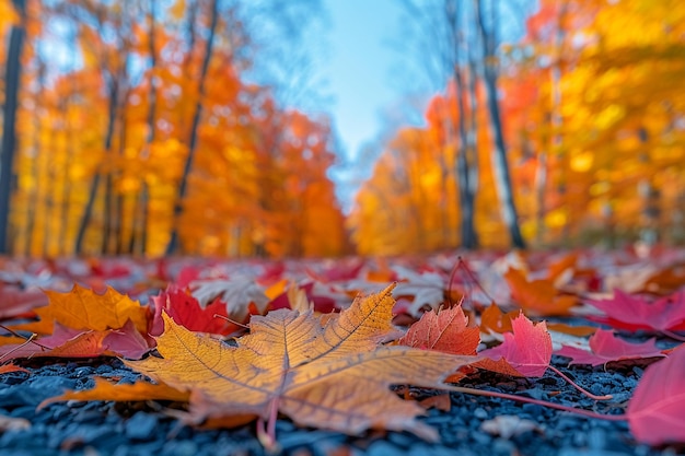Фото Близкий взгляд на красочные осенние листья на лесном полу