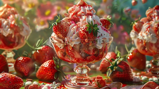 写真 ガラスの鉢にフイップクリームと新鮮なイチゴを入れた美味しいイチゴのデザートのクローズアップ
