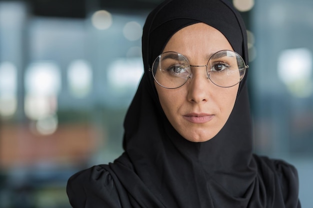 Крупным планом фото деловой женщины в черном хиджабе мусульманки, работающей на работе в современном офисе