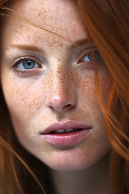 Closeup portrait of a beautiful redhead girl with freckles