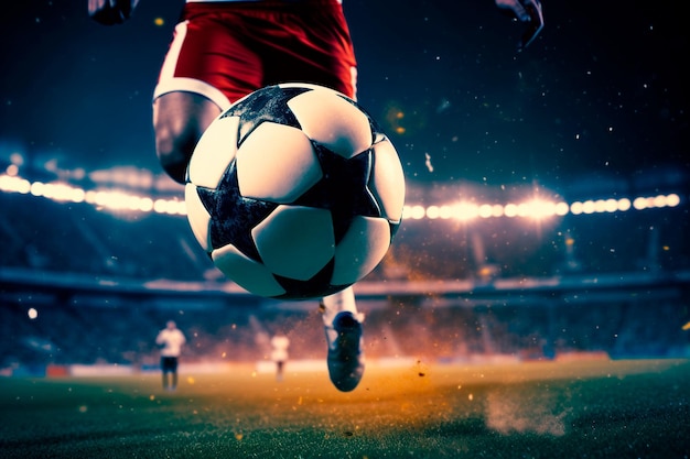 Клоуз-ап футбольного нападающего, готового ударить мяч в футбольный гол мяч с силой
