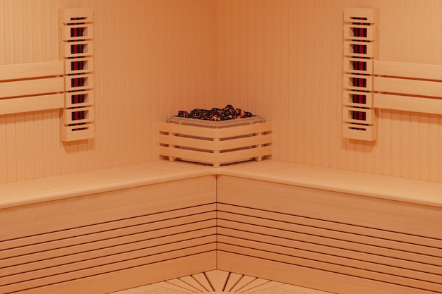Классическая деревянная ультракрасная финская кабина сауны в крупном плане интерьера ванной комнаты крайнем. 3d рендеринг