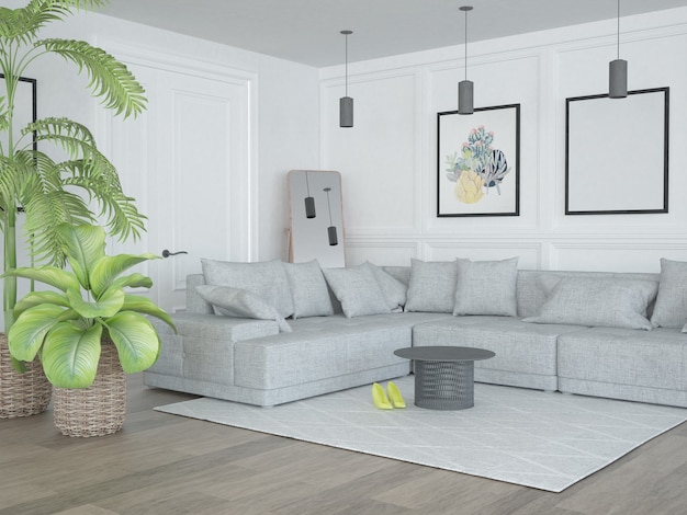 Foto elegante soggiorno interno moderno con divano a forma di l e piante da interno