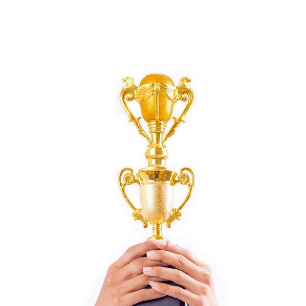 Фото Руки, держащие трофей на белом фоне
