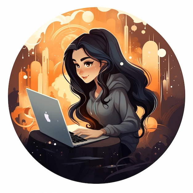 Креативная техническая девушка игривый логотип мультфильма с длинными темными волосами и MacBook