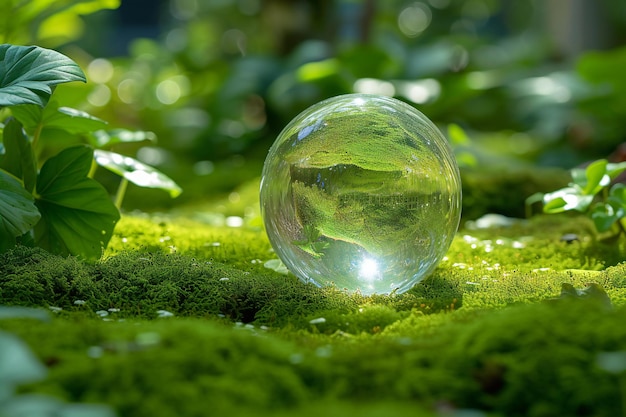 Photo crystal ball on green moss in the forest concept of environmental conservation