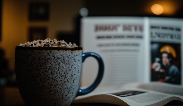 Чашка кофе с книгой под названием «Джамам семь».