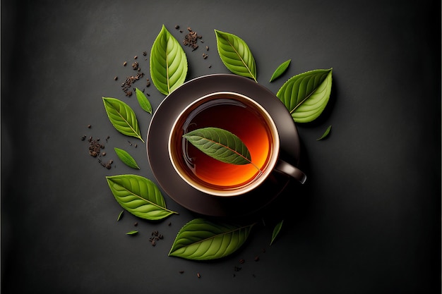 Чашка чая с листьями зеленого чая на черном фоне