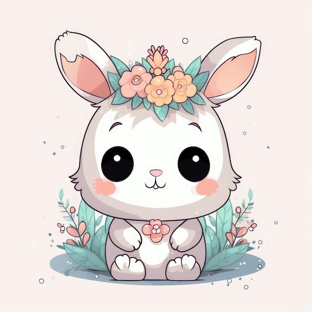 Милый кролик с цветочной короной на голове.