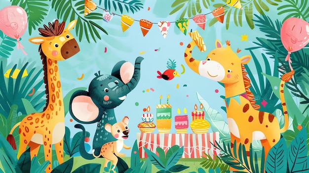 Милая иллюстрация вечеринки на день рождения на тему джунглей