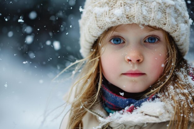 写真 雪の中の可愛い小さな女の子の顔 笑顔の幸せな女の子の肖像画 aiが生成した