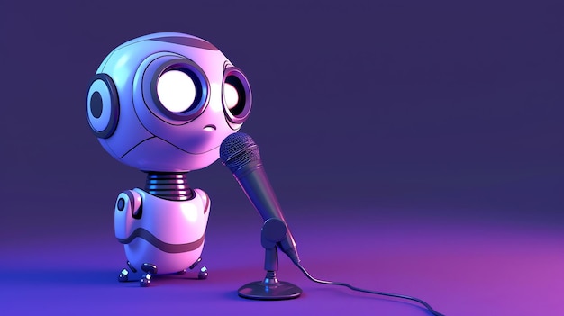 Милый робот стоит на сцене с микрофоном, робот смотрит на зрителей своими большими круглыми глазами.