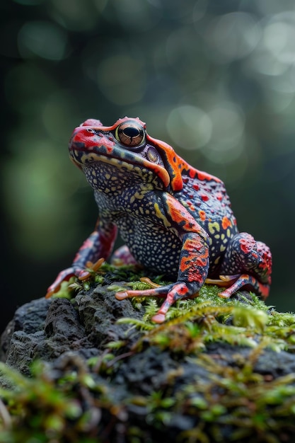 Цветная лягушка с текстурированной кожей, сидящая на моховой скале