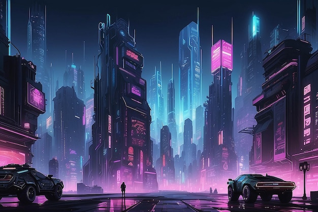Иллюстрационный макет киберпанкского городского пейзажа