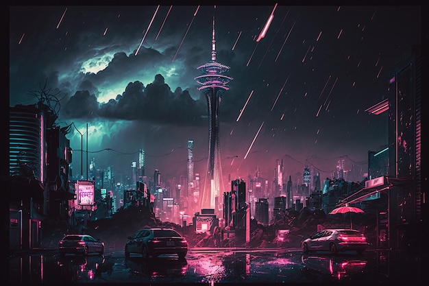Photo cyberpunk neon city at night futuristic buildings and tv tower in rain generative ai