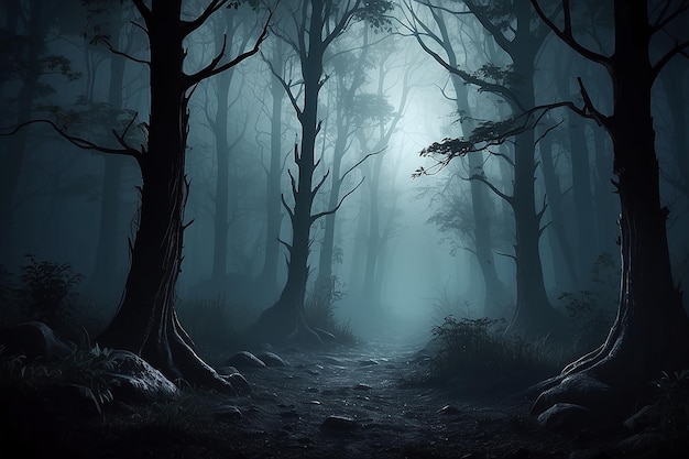 Photo dark forrest with fog horror design illustrated