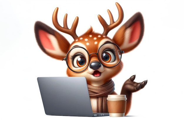 Deer with glasses and a surprised look on her face is looking at a laptop on white background