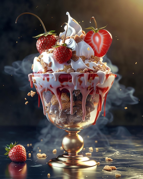 写真 銅製のカップにイチゴのホイップクリームとチェリーを上にした美味しいアイスクリーム・スンデー