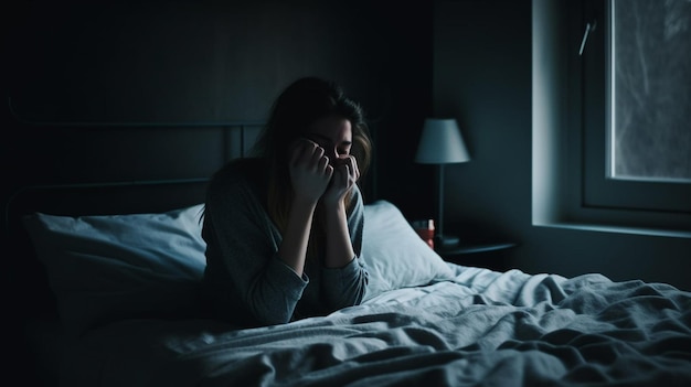 Photo depressed woman sitting on the bed generative ai