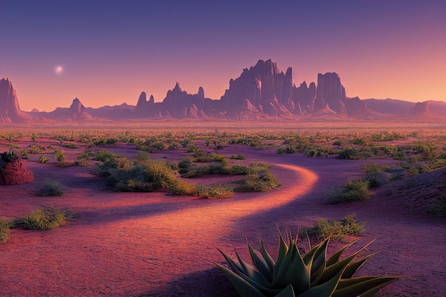 Фото Пустынный пейзаж ночью с засушливой песчаной землей с алоэ и темными горами и камнями на горизонте 3d иллюстрация