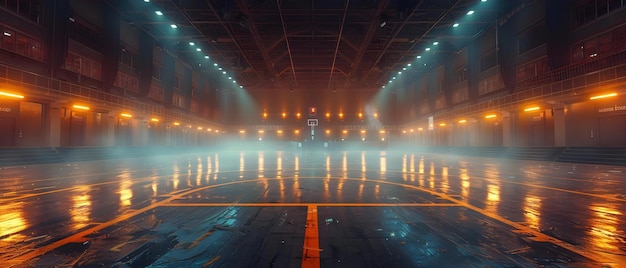 Фото Пустая баскетбольная арена с пустыми сиденьями и мигающими огнями одинокий болельщик концепция пустая арена пустые сиденья мигающие огни одинокий фанат баскетбола