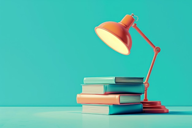 Фото Настольная лампа и книги настольная лампа, освещающая стопку книг, символизирующая знания и обучение на рабочем месте