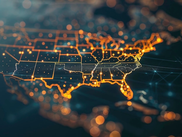 Photo digital map of the united states with glowing data points