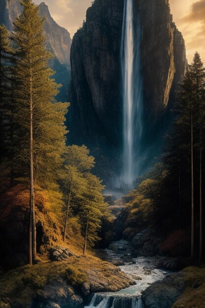 Фото Цифровая металлическая печать мистический пейзаж, наполненный высокими горами, каскадными водопадами