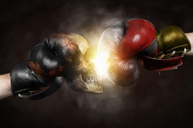 Фото Цифровое композитное изображение боксеров, сражающихся с освещенным светом