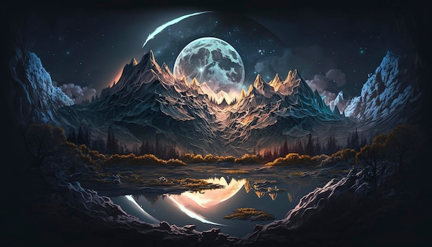 Цифровая живопись гор на фоне луны, креативный искусственный интеллект