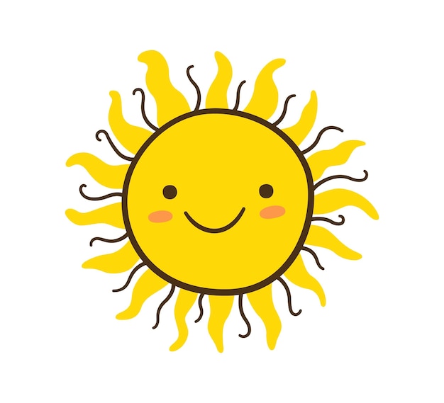 Foto iconica del sole disegnata a mano sorriso sole giallo con simboli di raggi disegno di bambini disegnato a mano personaggio stellare segno meteorologico caldo illustrazione vettoriale isolata su sfondo bianco