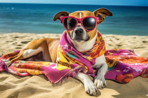 Собака в темных очках и шарфе лежит на пляже.