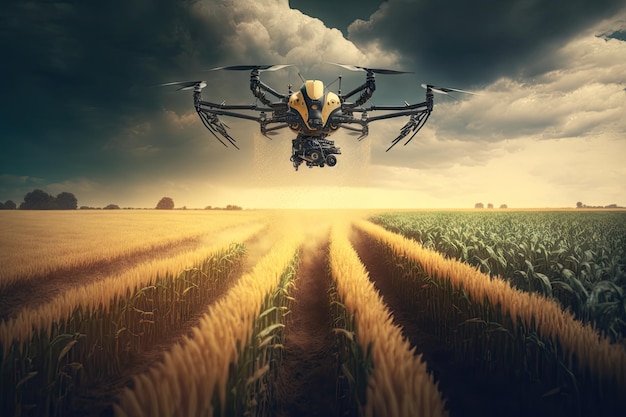 Дрон агронома пролетает над полем и распыляет химические вещества для урожая, созданные с помощью генеративного ИИ
