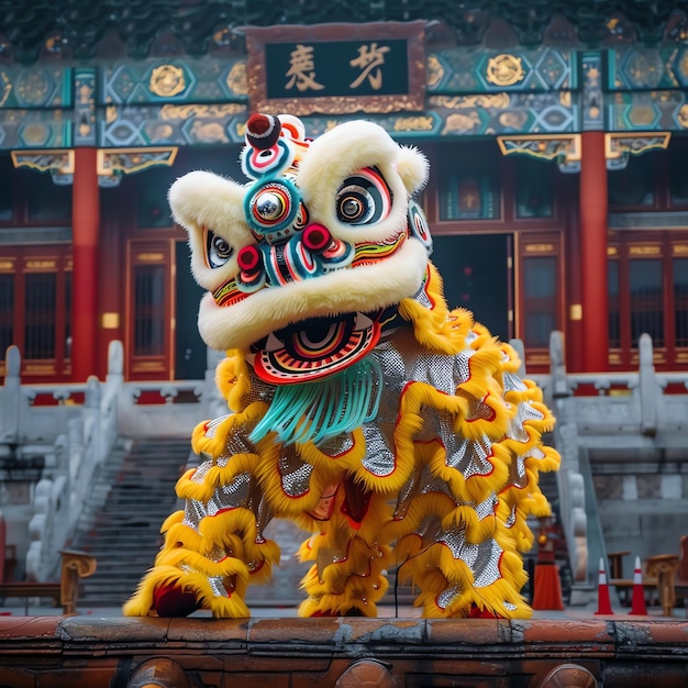 Фото Танцевальное шоу дракона или льва баронгсай в праздновании китайского лунного нового года азиатский традиционный фестиваль