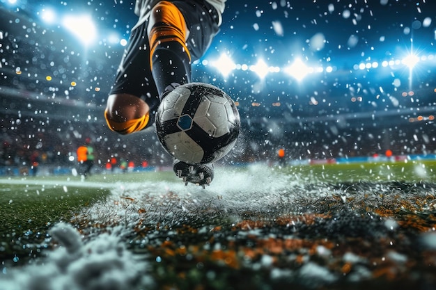 Фото Динамическое изображение футболиста, ударяющего мяч на заснеженном поле, освещенном стадионом.