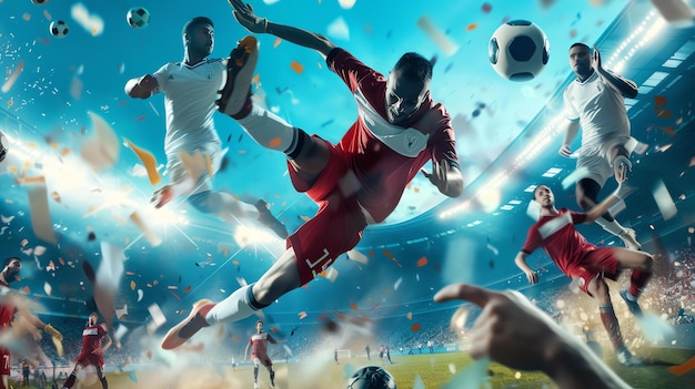Фото Динамичная футбольная игра с большим количеством действий игроки в красно-белых униформах соревнуются за мяч в воздухе