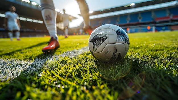 Фото Динамический момент матча по футболу с акцентом на мяч и ноги игрока