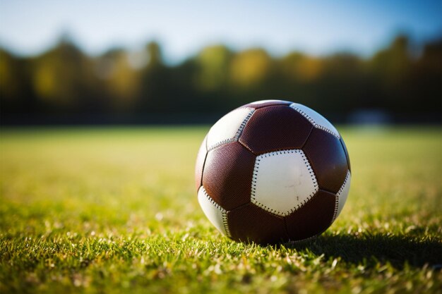Foto dynamisch voetbalschot closeup op het groene veld met voldoende kopie
