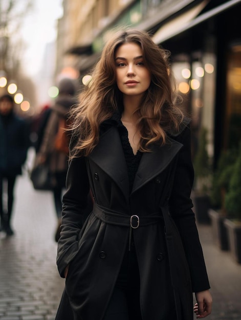 Фото Красивая женщина в черном пальто идет по улице в городе.