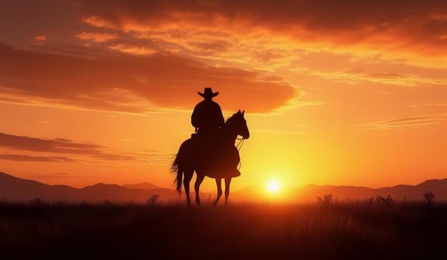 Foto een cowboy rijdt op zijn paard in de zonsondergang.